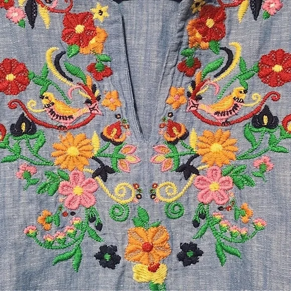 TALBOTS S/S Linen Blend Floral Embroidered Tie Sleeve Chambray Blouse SZ… - Picture 4 of 7